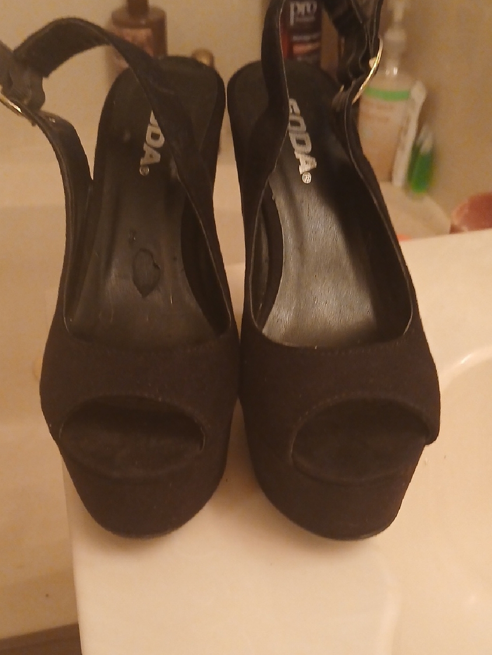 Soda‎ Black Platform Peep-Toe Slingback Heels,sz.7